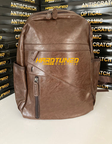Brown Faux Leather Backpack With Two Front Pocket